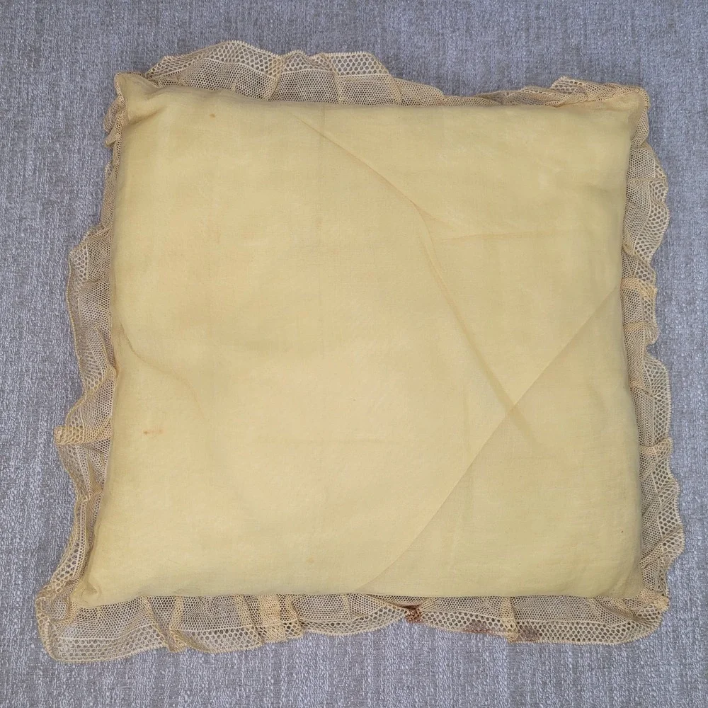 Vintage Embroidery Pillow with Lace Edges 12x12 Shabby Chic Cottagecore‎ Yellow